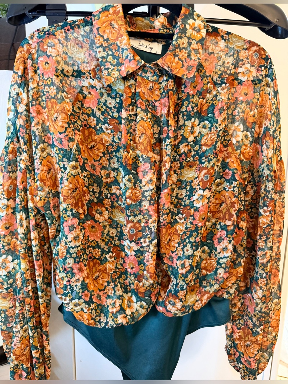 Sadie & Sage Earthy Floral Lame Stripe Button Down LongSleeve Bodysuit Blouse XS - Picture 4 of 12